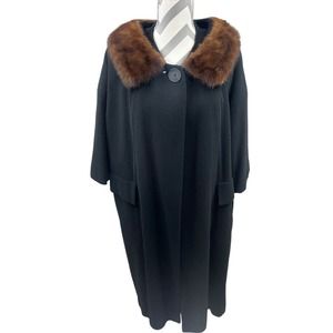 VTG Black Wool A-Line Swing Coat Scalloped Mink Collar Raglan Sleeves Jackie O